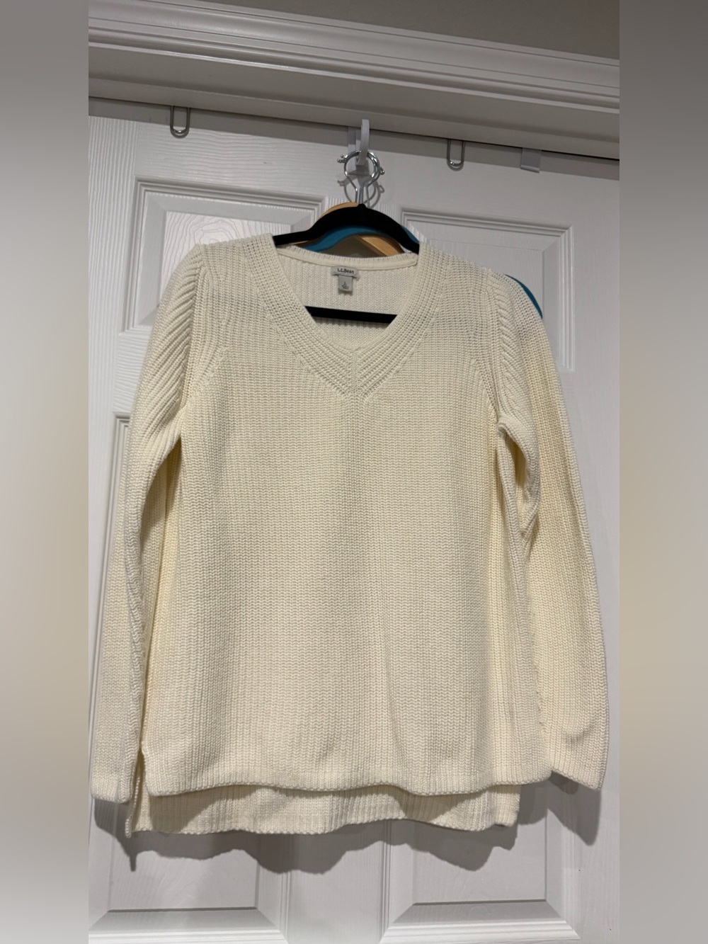 L.L. Bean Women's Ivory V-Neck Textured Knit Sweater